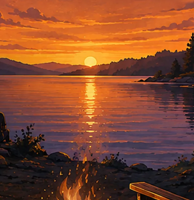 The sun setting into a still lake, its light running across the water.