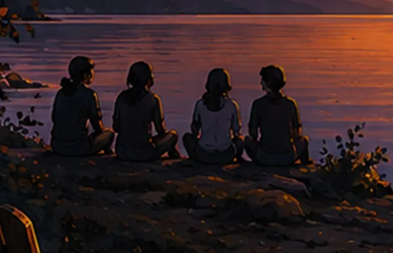 Four friends sitting together on the shore, watching the sunset.
