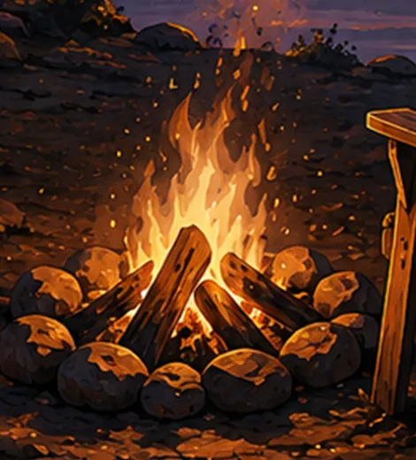 A campfire burning in a ring of stones.