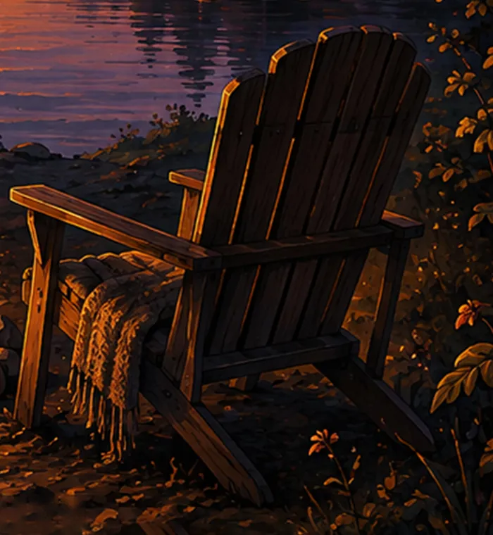 An Adirondack chair with a woven blanket over its arm, waiting by the fire.